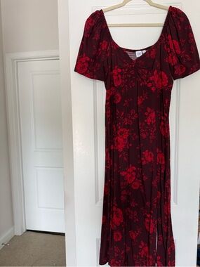 GAP Burgundy Maxi Dress with Red Floral Print